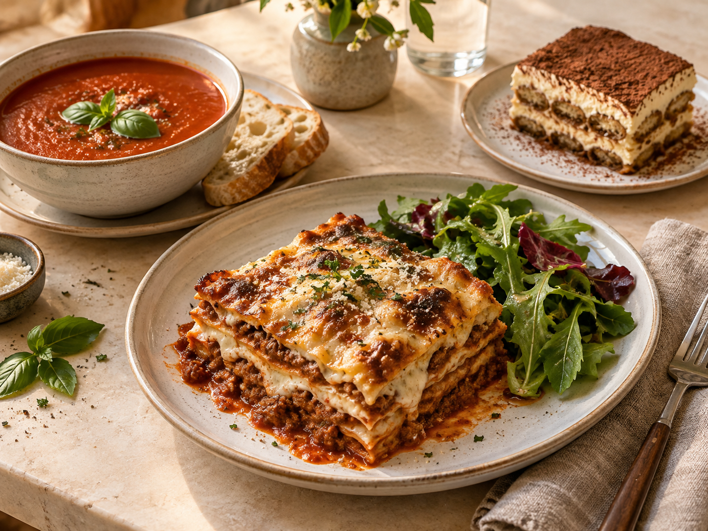 Tomatsuppe med brød, lasagne med salat og tiramisu